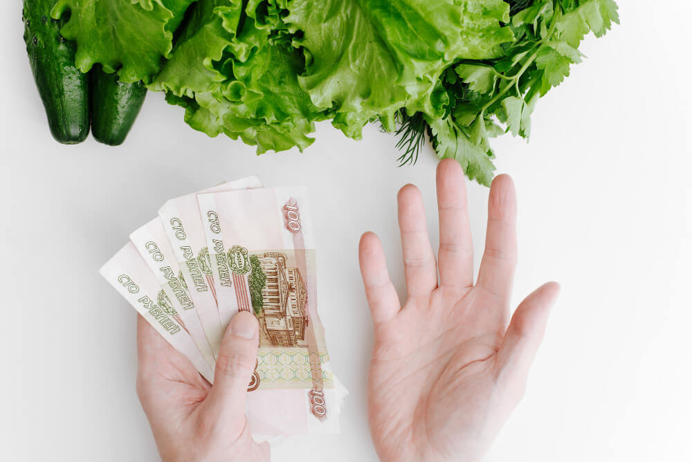 vegetables buying on a budget healthy organic food shopping closeup hands holding money russian banknotes lettuce leaves cucumbers white table indoors top view