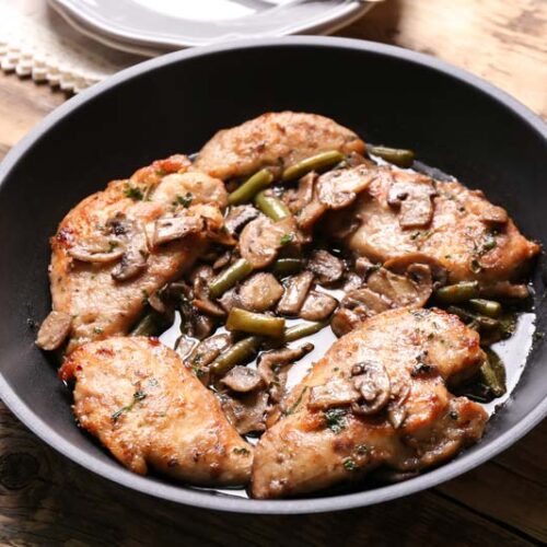 frying pan with dairy free chicken marsala table