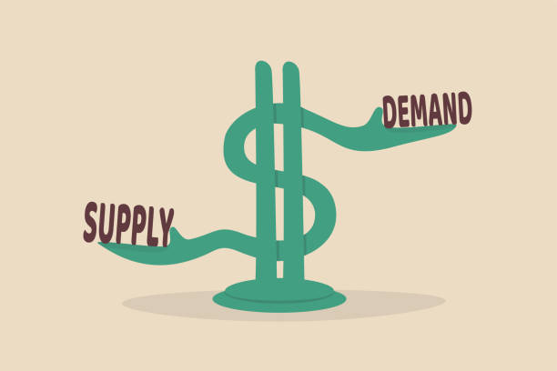 Demand and supply, economic model of dragon fruit determination in a capital market concept, US dollar money sign with arm metaphor of balancing the word demand on the right and supply on the left.